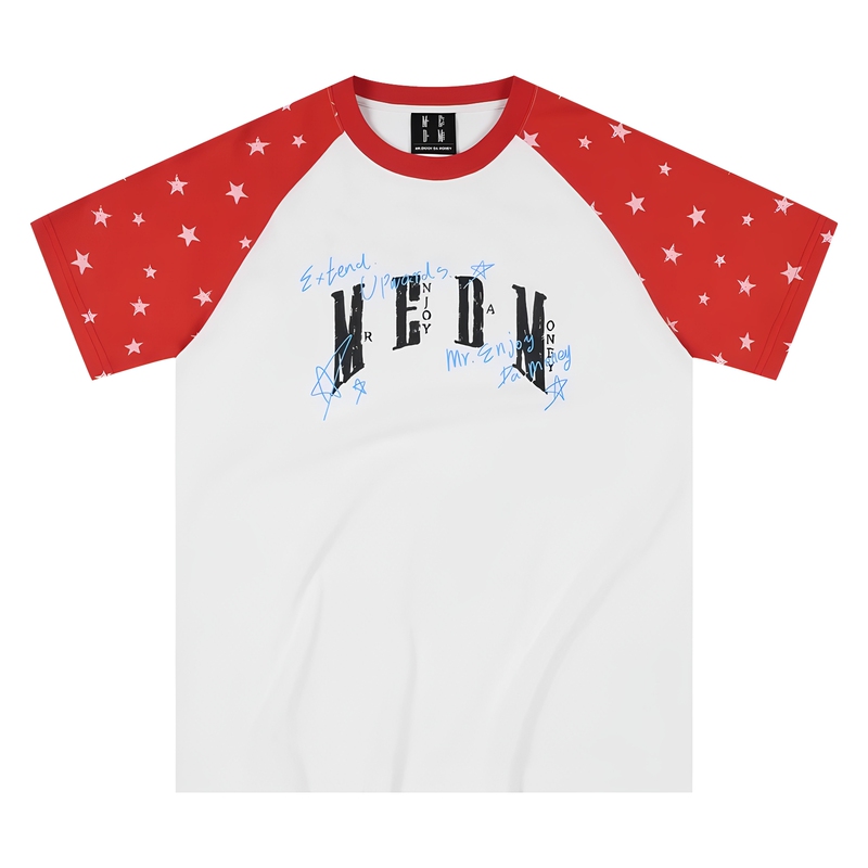 Medm Handwritten Graffiti Print Star All-Over Print Casual Raglan Short-Sleeved Unisex Loose Round Neck T-Shirt for Summer
