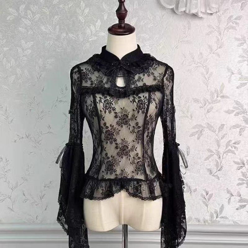 Gothic Lolita Chinese Style Jsk Matching Lace Patchwork Black Puff Sleeve Shirt Lolita Inner Wear