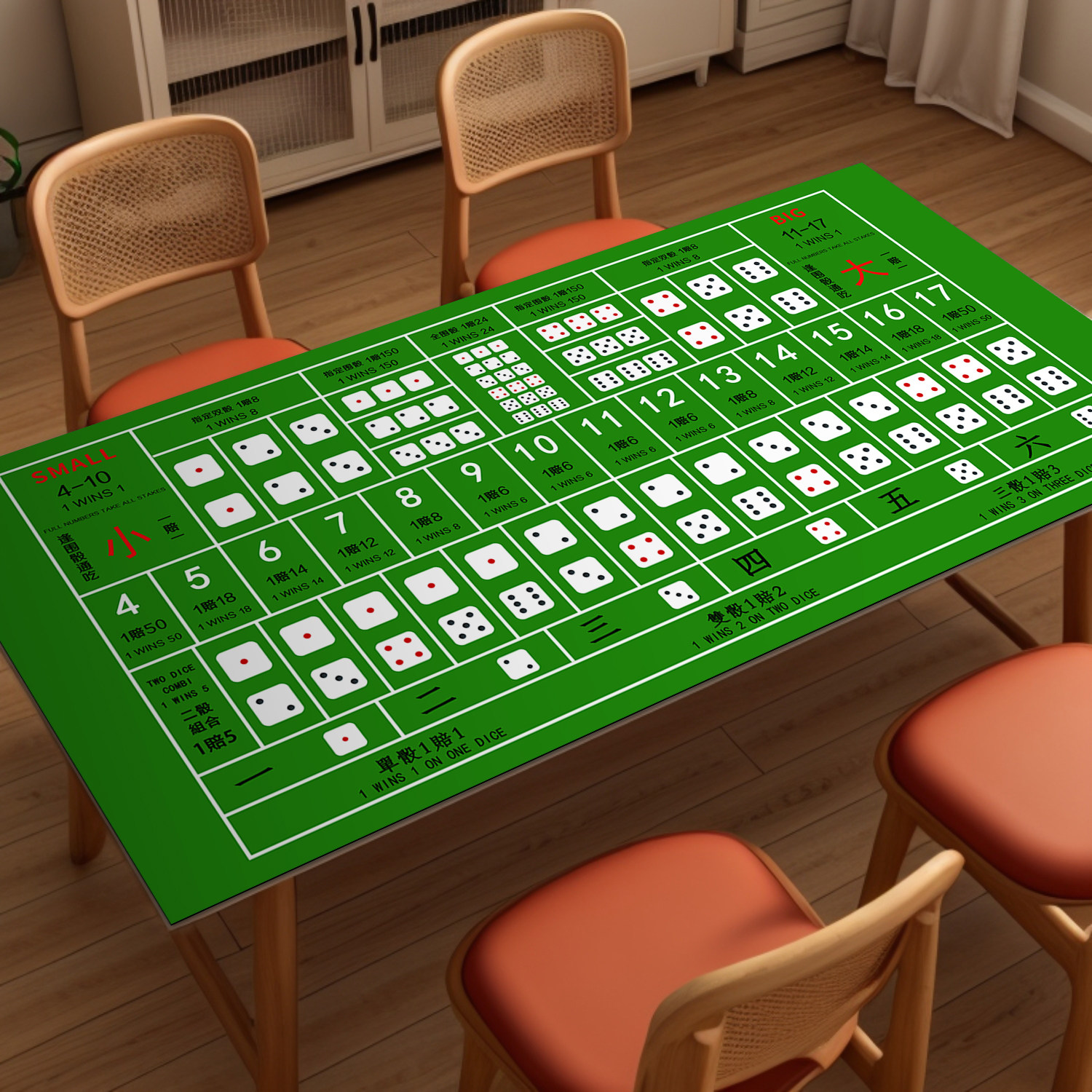 ラスベガスのテーブルクロス、カジノの小道具、ゲームマット、サイコロ、大小の賭け、サイコロ。