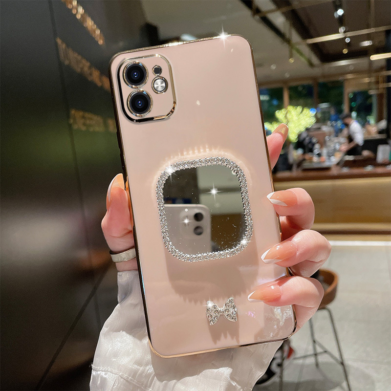 Rhinestone Bow Suitable for Apple 12 Phone Case Mini, Cute Protective Cover for Girls, 12Promax New Model with a High-End Feel, Love Crazy iPhone Full Edge Coverage with Makeup Mirror, Electroplated Soft Shell