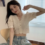 Шифоновый кружевной летний сексуальный кардиган, короткая футболка, короткий рукав, коллекция 2021, облегающий крой, V-образный вырез