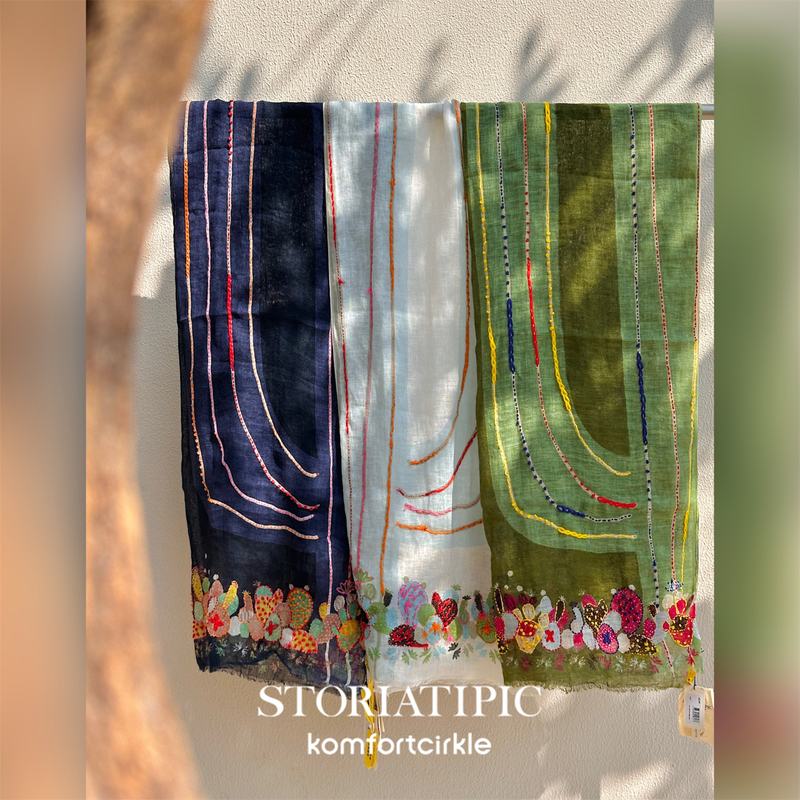 Storiatipic Azur Cactus Style Hand-Printed Embroidered Linen Shawl Large Scarf Silk Scarf Spring and Summer Storiatipic Azur Cactus Style Hand-Printed Embroidered Linen Shawl Large Scarf Silk Scarf Spring and Summer