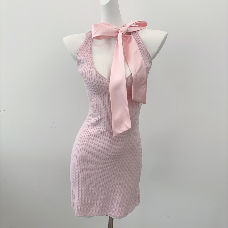 Ubb Same Style Pink Bow Knitted Dress Sexy V-Neck Autumn and Winter Slim Fit Base Layer Slimming Strap Bodycon Dress Ubb Same Style Pink Bow Knitted Dress Sexy V-Neck Autumn and Winter Slim Fit Base Layer Slimming Strap Bodycon Dress