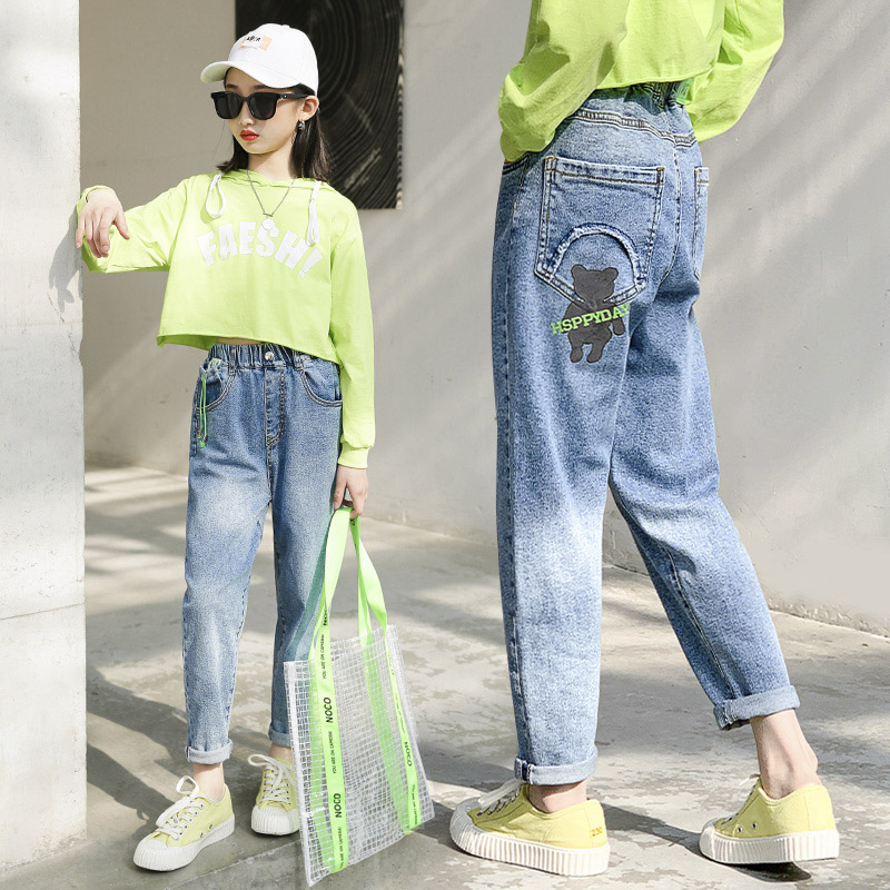 Girl Pants Spring Dress 2022 New Kids Jeans Foreign Pie Trendy CUHK Boy Spring Autumn Girl Casual Long Pants
