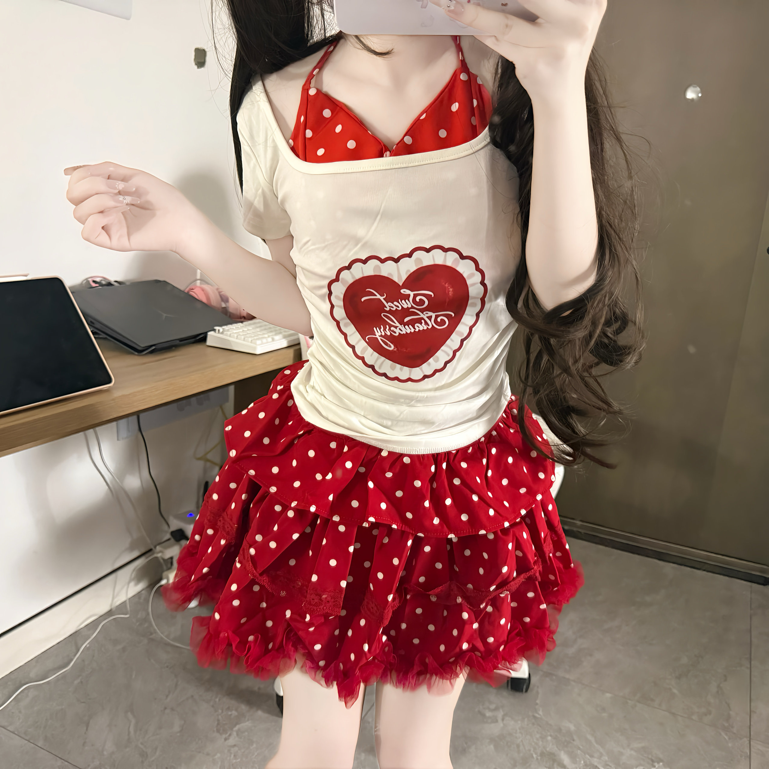 Original Japanese-Style Strawberry Heart Print Cute Slim-Fit Short-Sleeve Halter Neck Fake Two-Piece Polka Dot Skirt Set