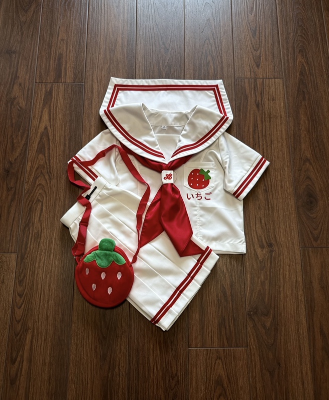 Steam Girl Original Jk Uniform Strawberry Print Polka Dot Japanese Style Short Sleeve Sailor Suit Set