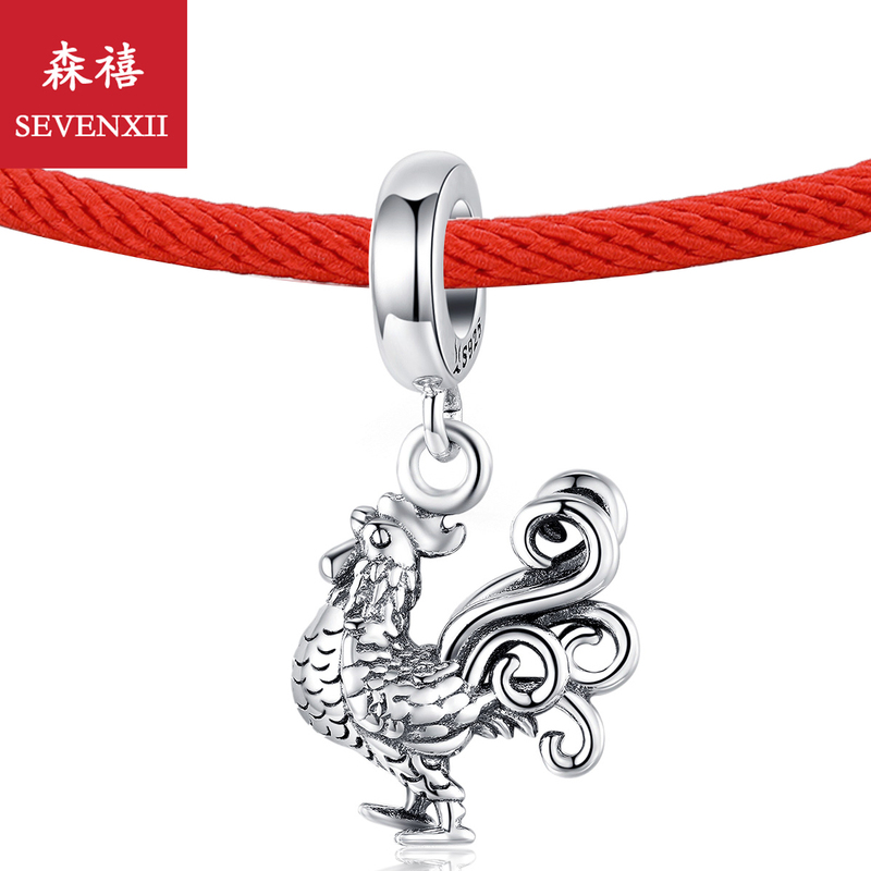 Silver Rooster Bracelet, Zodiac Rooster Silver Jewelry, Chick Ornament, Zodiac Sign Big Rooster Pendant, Phone Charm, Pure Silver Jewelry, Red String