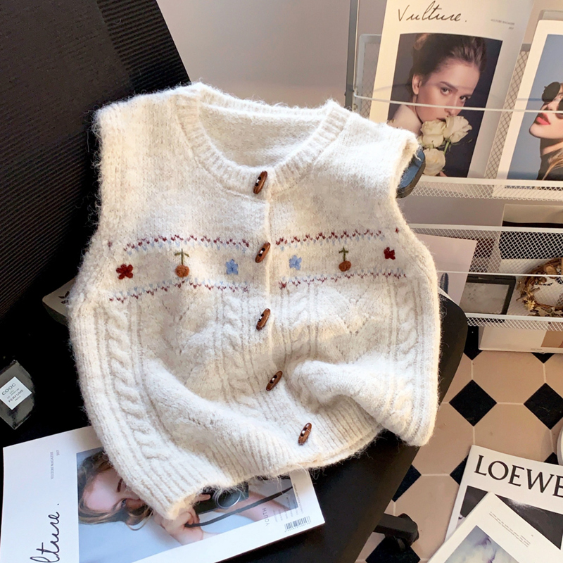 Vintage Knitted Vest for Women, Handmade Floral Sweater, Sleeveless Top, Round Neck, Layered, Sweet Jacquard Vest, Versatile and Trendy