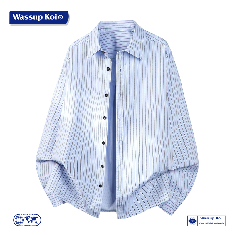 Wassup Koi Blue Vertical Striped Lapel Shirt Men's Long-Sleeved Work Clothing Cardigan Loose Non-Iron Casual Style Outdoor