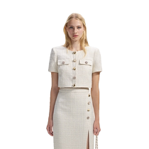 self-portrait 2024 early spring ivory white monochrome woven tweed cropped top