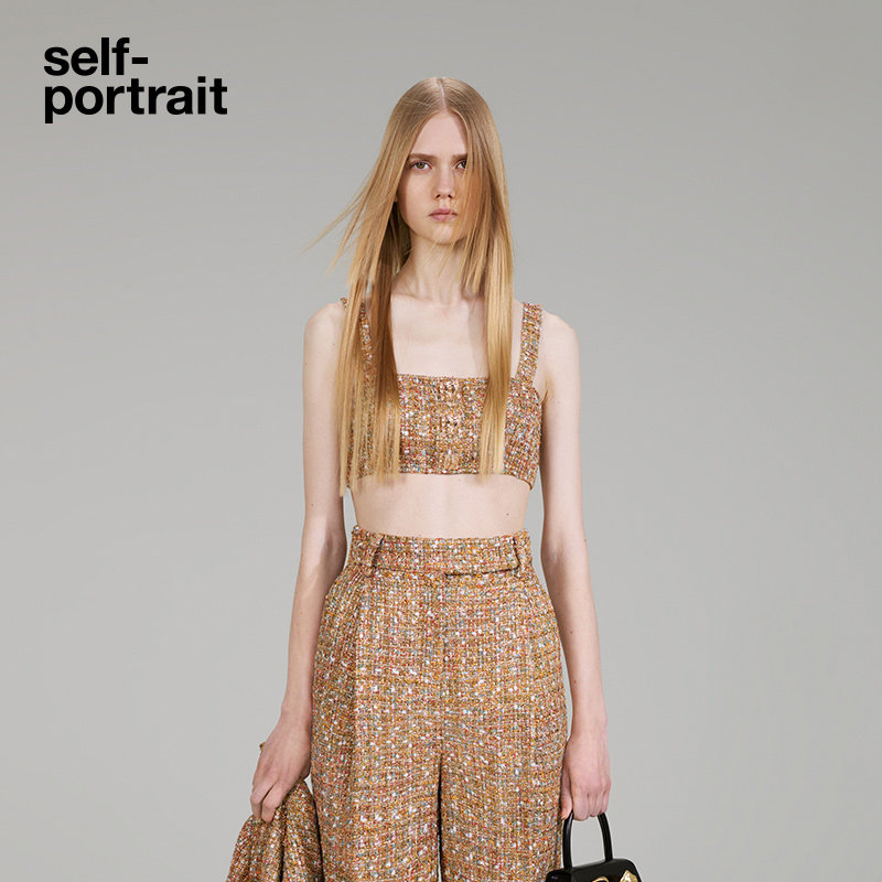 self-portrait 2022 autumn and winter camel golden tweed small fragrance daughter short vest