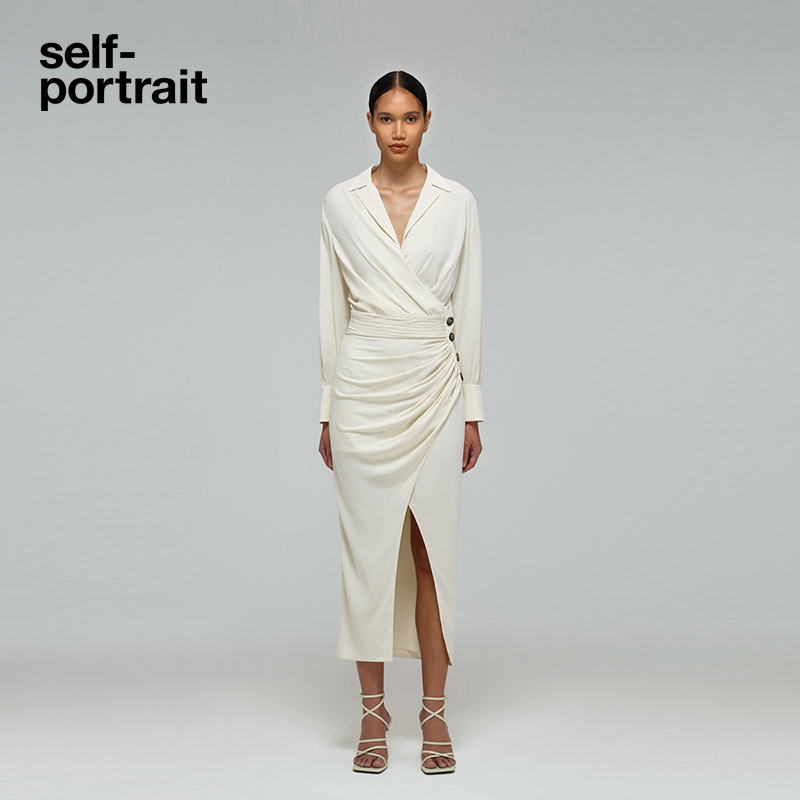 self-portrait 2022 spring and summer ivory white slim waist slit shirt one step skirt dress long skirt