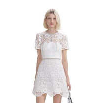 Chinese Valentines Day outfit] self-portrait 2024 early autumn pure white sweet round neck short-sleeved lace dress