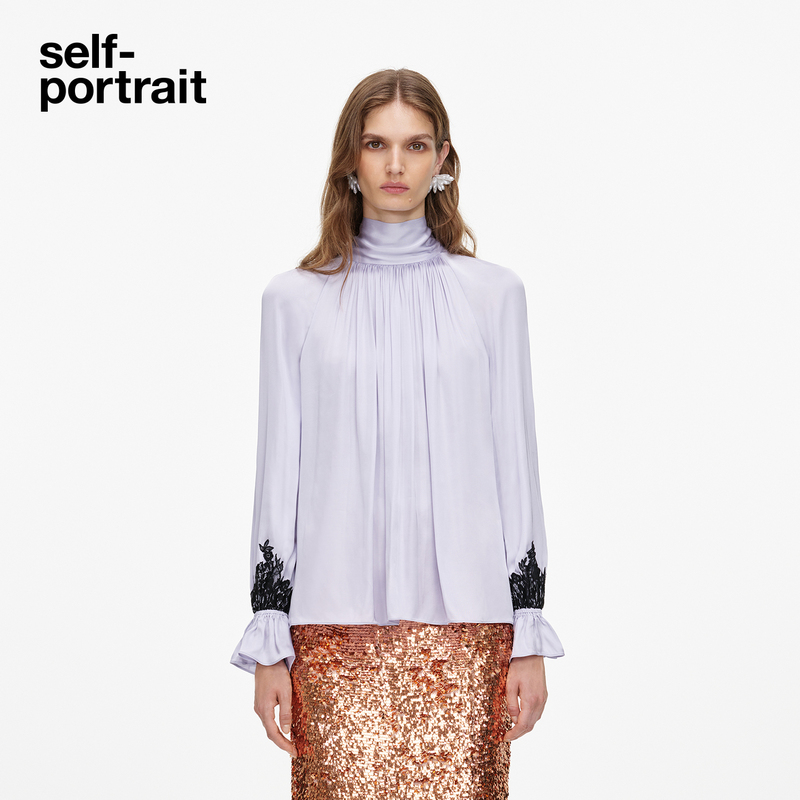 Self-Portrait 2027 Early Spring New Lilac Satin Lace Patchwork Long-Sleeved Shirt Top Self-Portrait 2027 Early Spring New Lilac Satin Lace Patchwork Long-Sleeved Shirt Top