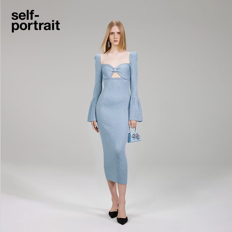 self-portrait 2022 autumn/winter misty blue square neck flared sleeve bow casual dress