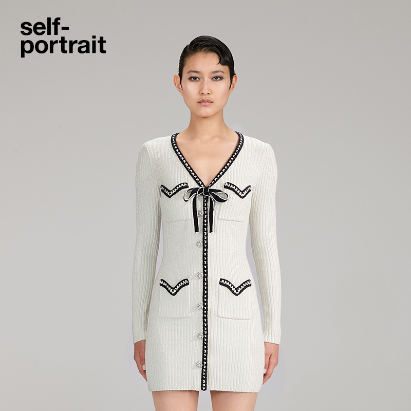 self-portrait 2022 autumn and winter ivory white knitted bow V-neck exquisite dress skirt