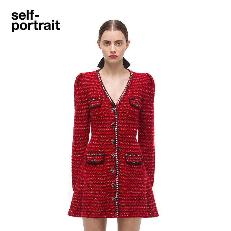 self-portrait red-blend V-neck knitted sweater dress