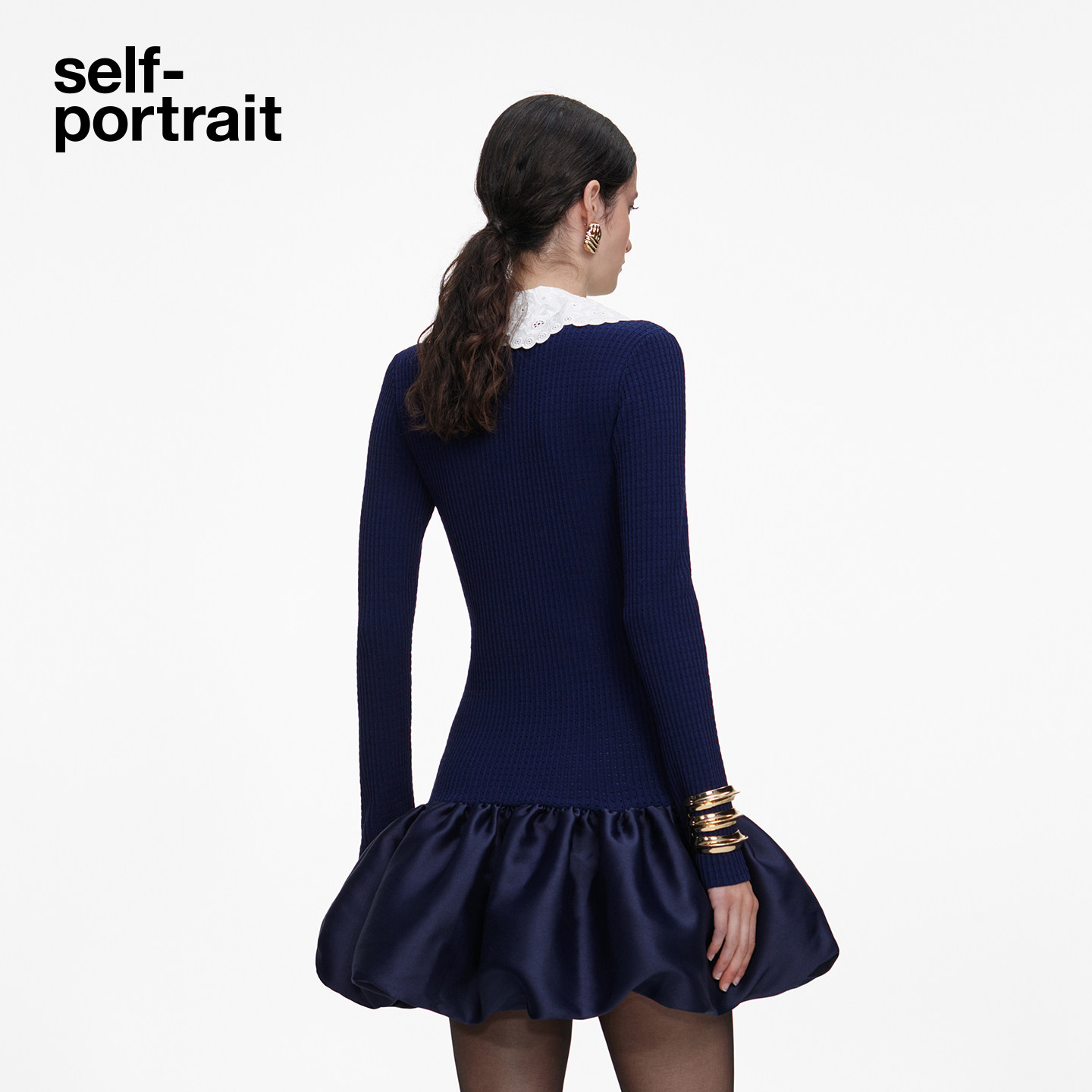 self-portrait 2026早春新款藏青色针织塔夫绸花苞裙洋装 2