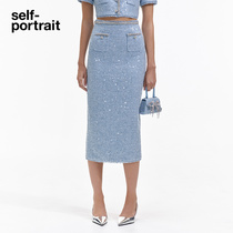 self-portrait 2024 early spring misty blue Lurex sequined skirt mid-length skirt