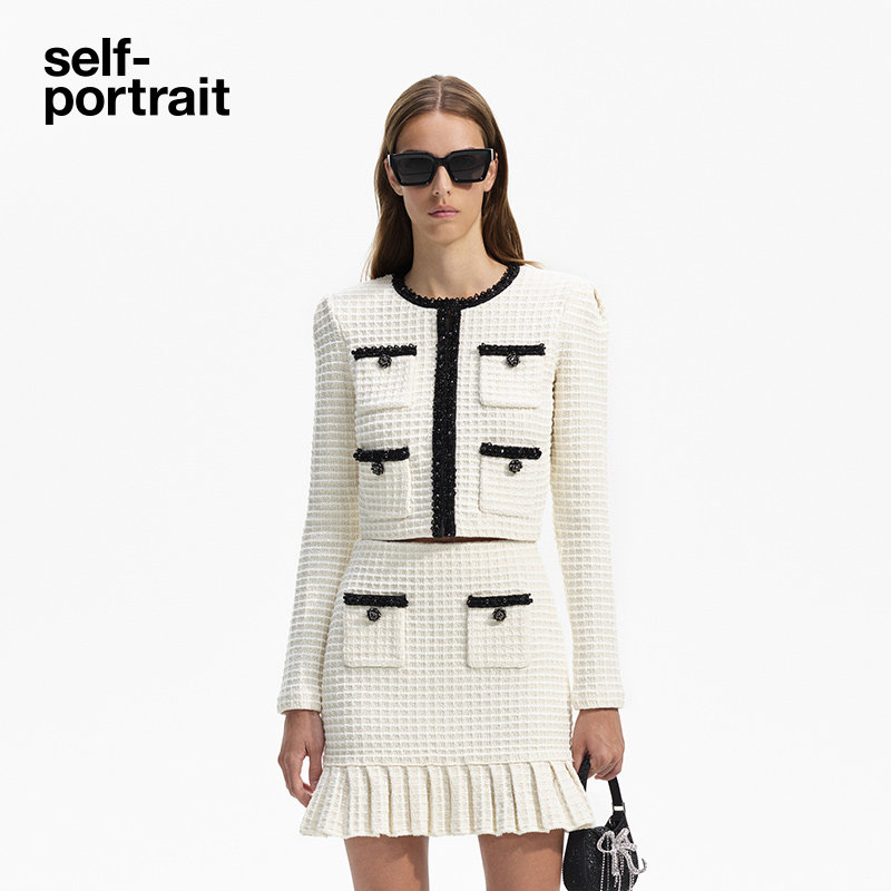 self-portrait 2024 early spring ivory white bright sheet wavg bead sheet Knitted Blouse Cardiovert-Taobao