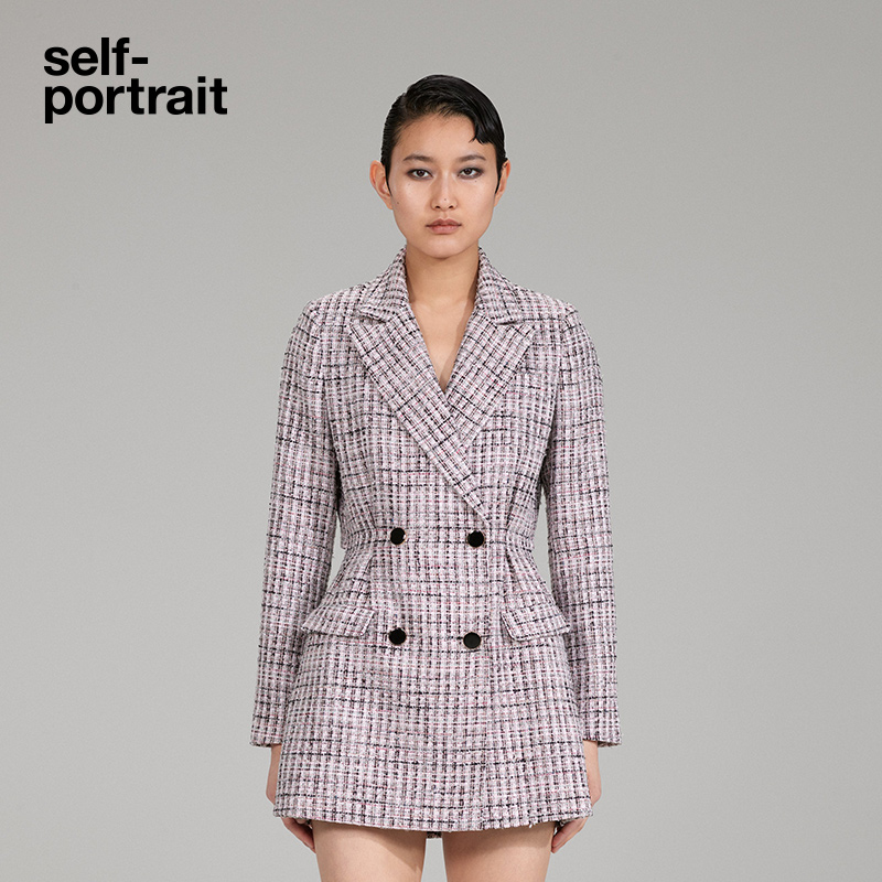 self-portrait 2022 early autumn gray plaid V-neck commuter all-match woolen short coat