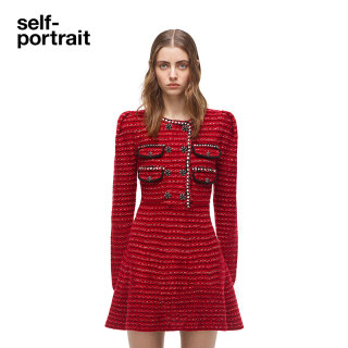 [新年开运红]self-portrait 秋冬红色双排扣小香A字针织连衣裙