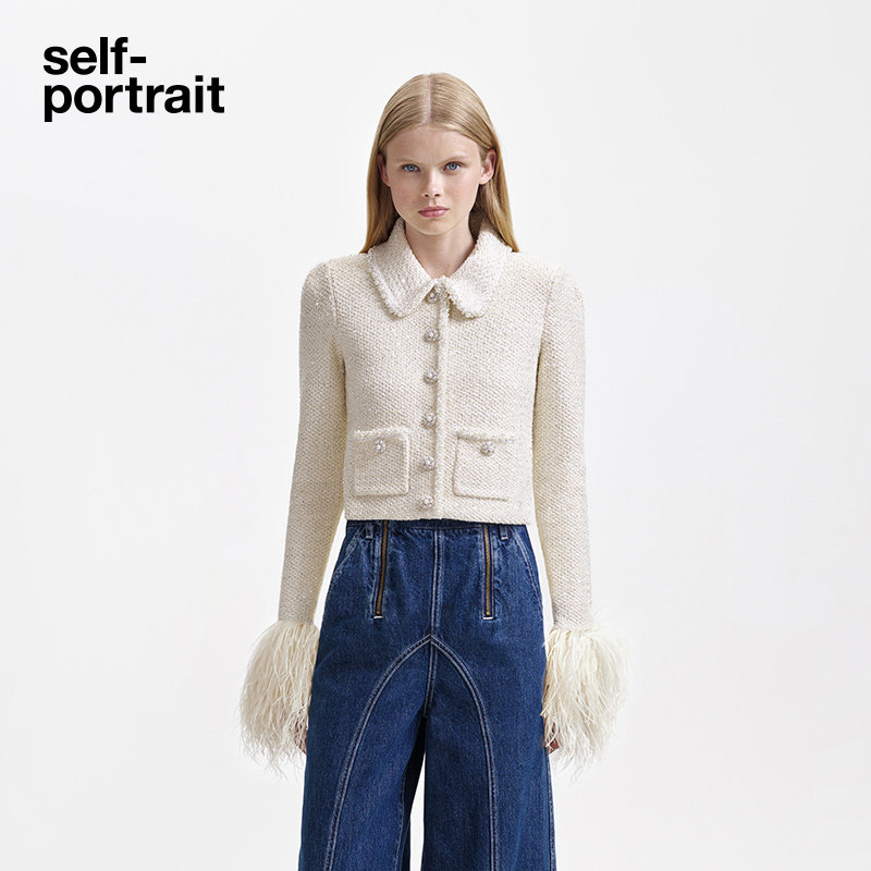 self-portrait 2023 autumn winter ivory white elegant temperament overturning knitted short jacket blouses-Taobao