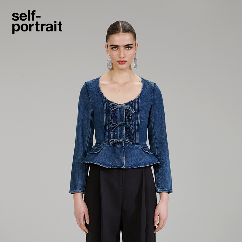 self-portrait 2022 autumn and winter denim blue bow round neck waist top