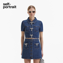self-portrait 2024 spring and summer new denim blue washed denim bow lapel short-sleeved top