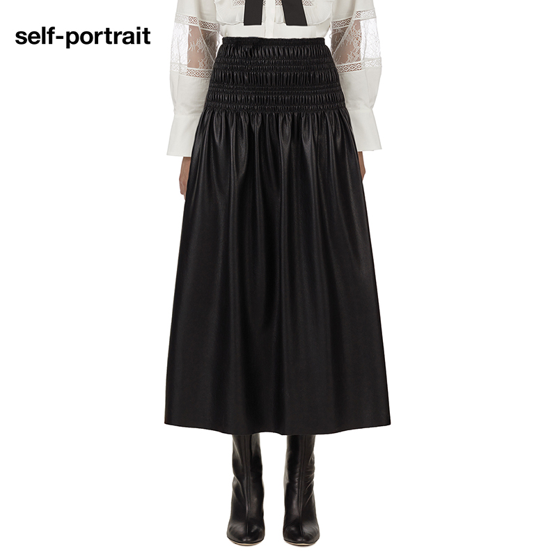 self-portrait black handsome gas eco-friendly leather closedown half skirt mid-skirt-Taobao