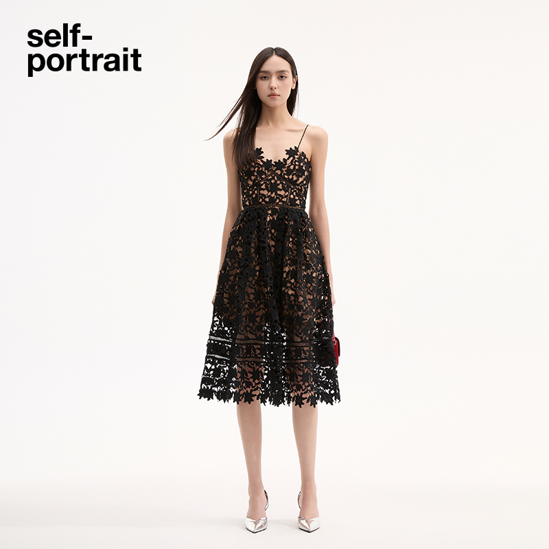 Self-Portrait Black Azalea Suspender Dress for Women, Summer Sweet Mid-Length Dress