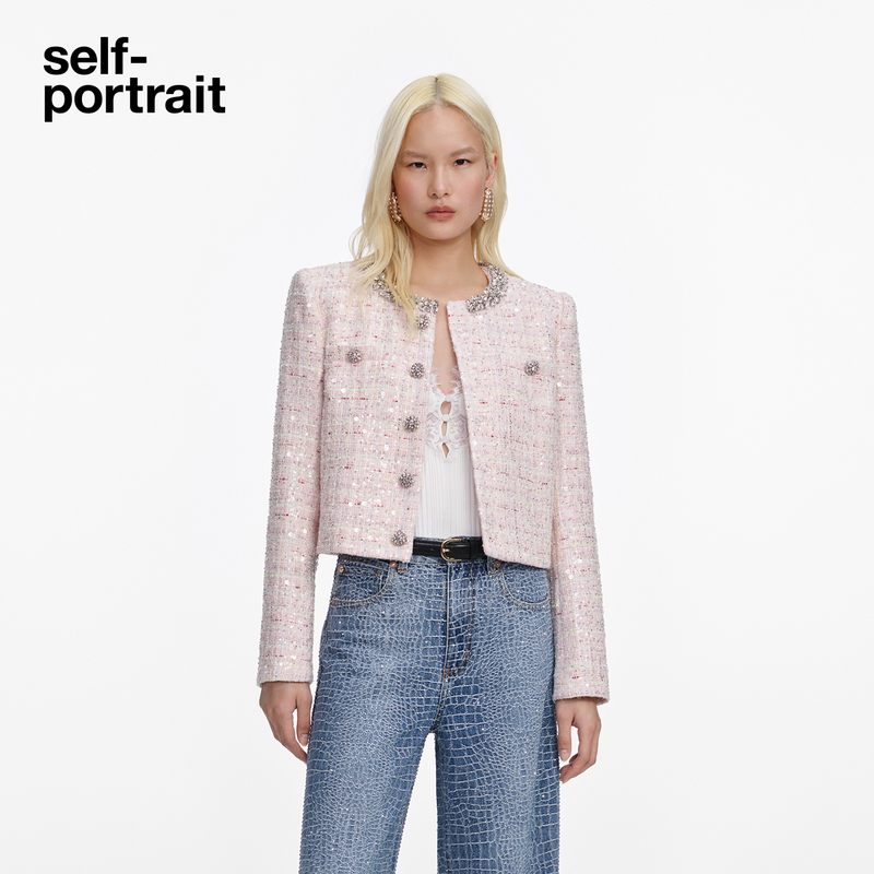 Self-Portrait 2026 Spring and Summer New Style Pink Diamond-Embellished Sequin Tweed Tweed Jacket in the Style of Chanel