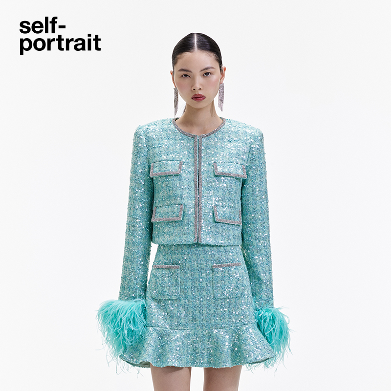 self-portrait 2024 early spring green bright sheet feather sleeves small fragrant wind jacket-Taobao