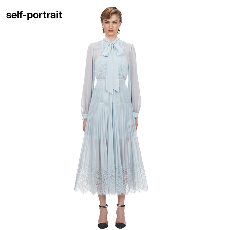 self-portrait Blue Chiffon bow tie dress thin long sleeve pleated midi dress