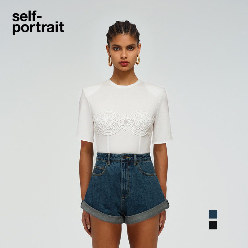 self-portrait 2022 early spring denim blue classic black high waist denim shorts