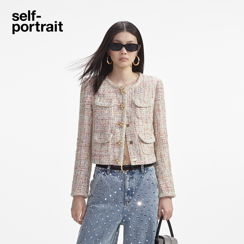 Self-Portrait Autumn and Winter Classic Pink and White Mixed Color Tweed Women's Jacket for Important Occasions in the Style of Chanel