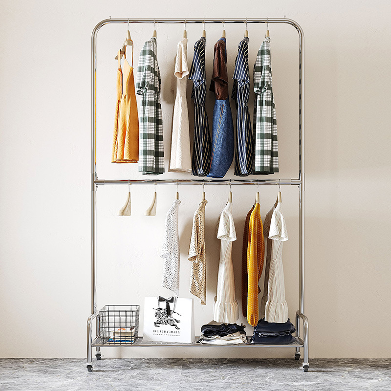 Stainless Steel Glossy Double-Layer Clothes Rack, Floor-Standing Household Double-Rod Coat Rack, Clothes Storage Rack with Wheels for Mobility