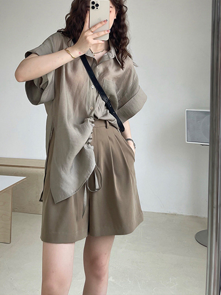 Thin section large size A-line suit shorts women's summer high waist fat pear-shaped figure mm thin cover crotch five-point pants wide leg