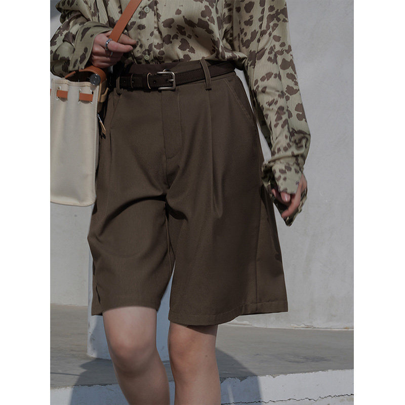 Large size waist a high waist a character suit shorts women Summer fat Hip Pear Shape Slim Fit Slim Brown 50% Pants Broadlegged