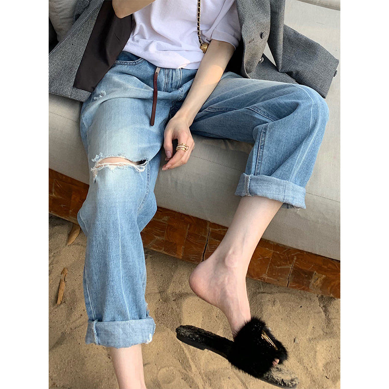 Fat big size ripped pants women summer mm high waist jeans thin section loose straight pants ins tide high street 200 catties