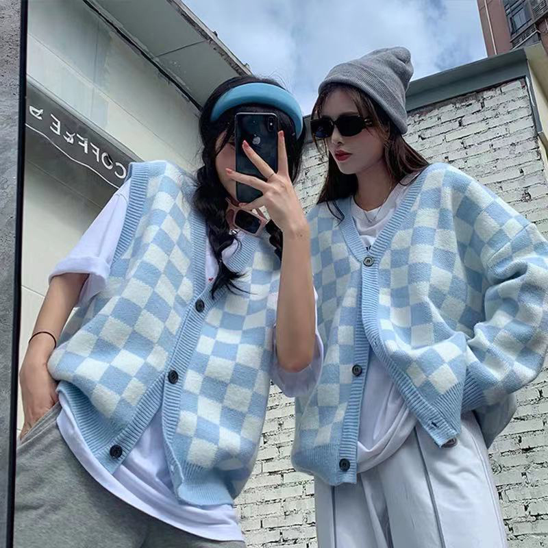Women's New 2026 Popular Checkerboard Vest Jacket, Lazy Style Design, Sweater Knit Cardigan