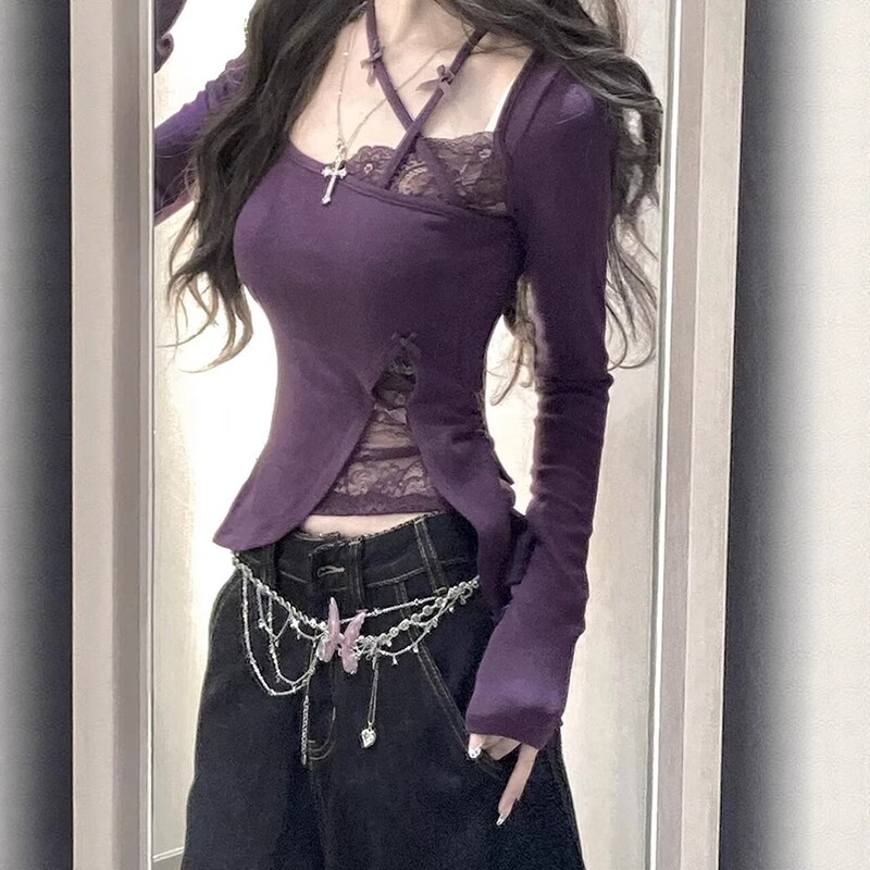 Pure Desire Style Purple Lace Patchwork Long-Sleeve T-Shirt for Women, Autumn Irregular Slim-Fit Short Top for a Spicy Look Pure Desire Style Purple Lace Patchwork Long-Sleeve T-Shirt for Women, Autumn Irregular Slim-Fit Short Top for a Spicy Look