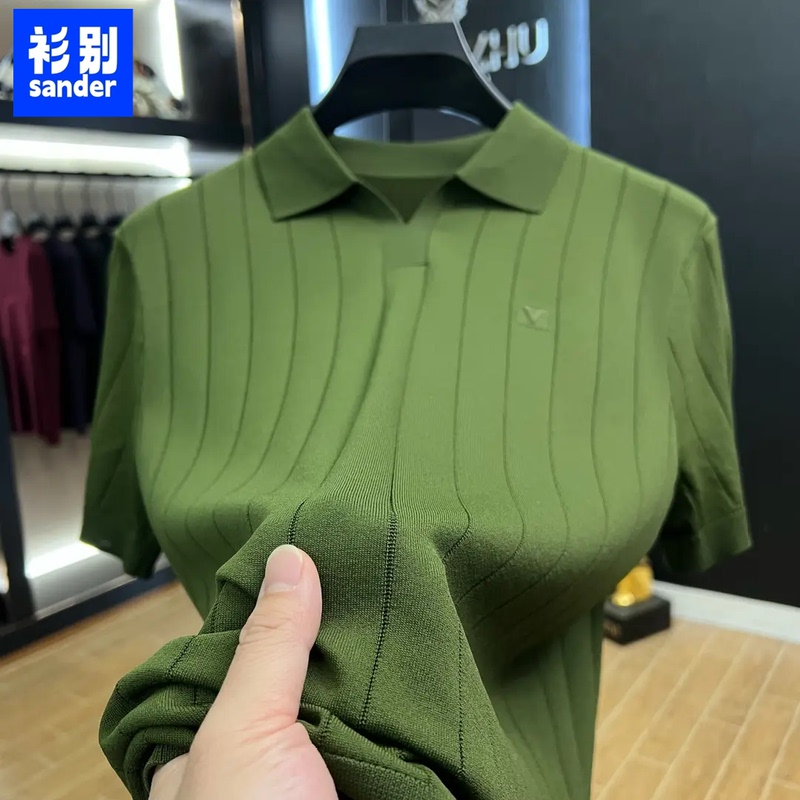 Old Money Style! Avocado Green ~ Summer New Fashion V-Neck Vertical Stripe Slimming Knitwear Men's Short-Sleeved T-Shirt Old Money Style! Avocado Green ~ Summer New Fashion V-Neck Vertical Stripe Slimming Knitwear Men's Short-Sleeved T-Shirt