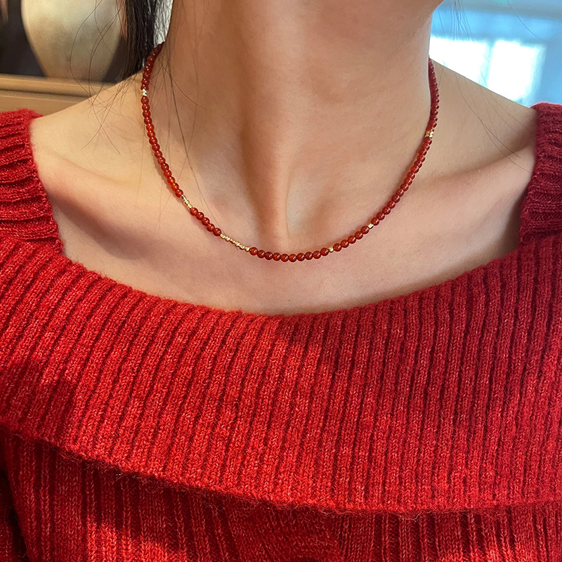 Floating Light Natural Red Agate American 14K Gold-Plated Irregular Inlaid Non-Fading Exquisite Necklace Clavicle Chain