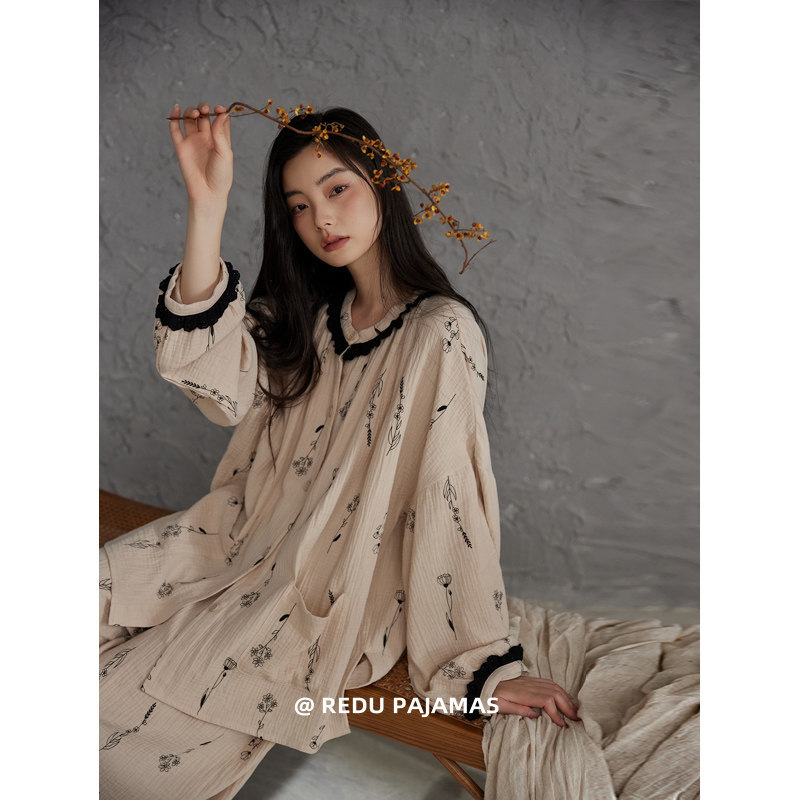 Hot Sale Postpartum Pajamas for Women, Autumn and Winter Pure Cotton Double-Layer Gauze Nursing and Breastfeeding Set for October Pregnant Women and Postpartum Women