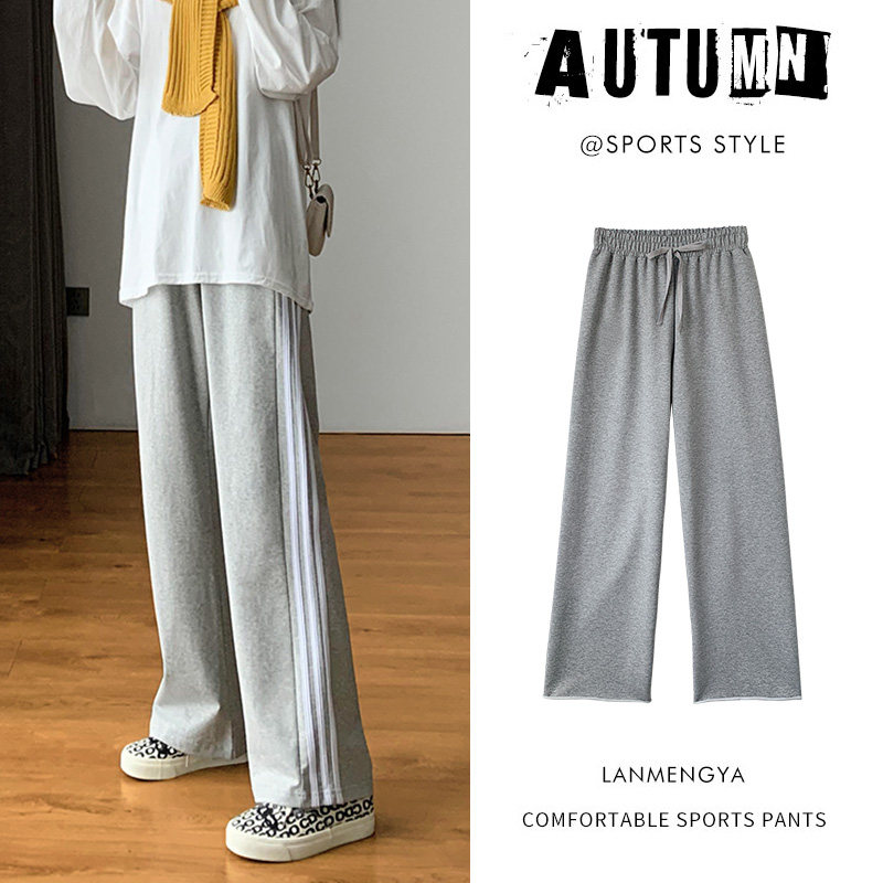 Grey Sports Pants Woman Loose Straight Drum Spring Autumn Season 2021 New High Waist Display Slim 100 Hitch Comfort Casual Wide Pants