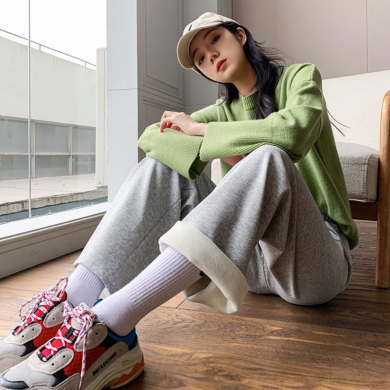 Plus velvet gray sports pants women's autumn and winter loose straight small men wear high waist drape casual wide leg pants