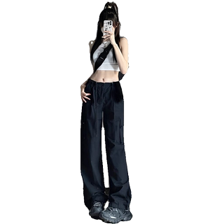 Black Cargo Pants for Women, Summer Thin Style, 2025 New High-Waisted, Drapey, Parachute, Quick-Drying, Casual Wide-Leg, American Style, Sporty