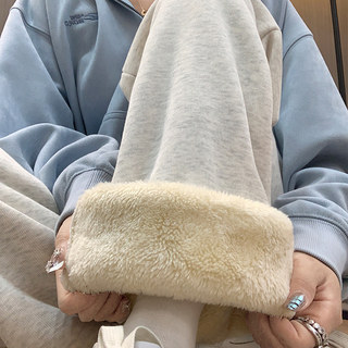 羊羔绒灰色加绒运动裤女秋冬2025新款卫裤直筒阔腿裤休闲加厚棉裤