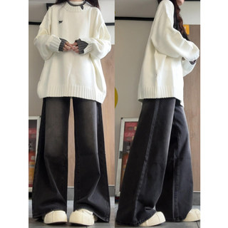 American-Style Distressed Black-Gray Wide-Leg Pants for Women 2025 New Autumn and Winter Fleece-Lined High-Waisted Drapey Loose Straight-Leg Jeans